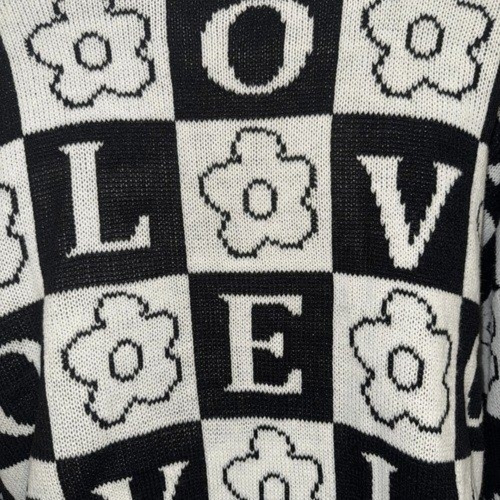 JUST POLLY LOVE Black White Floral Checkerboard Knit Cardigan Sweater EUC S - Picture 4 of 6